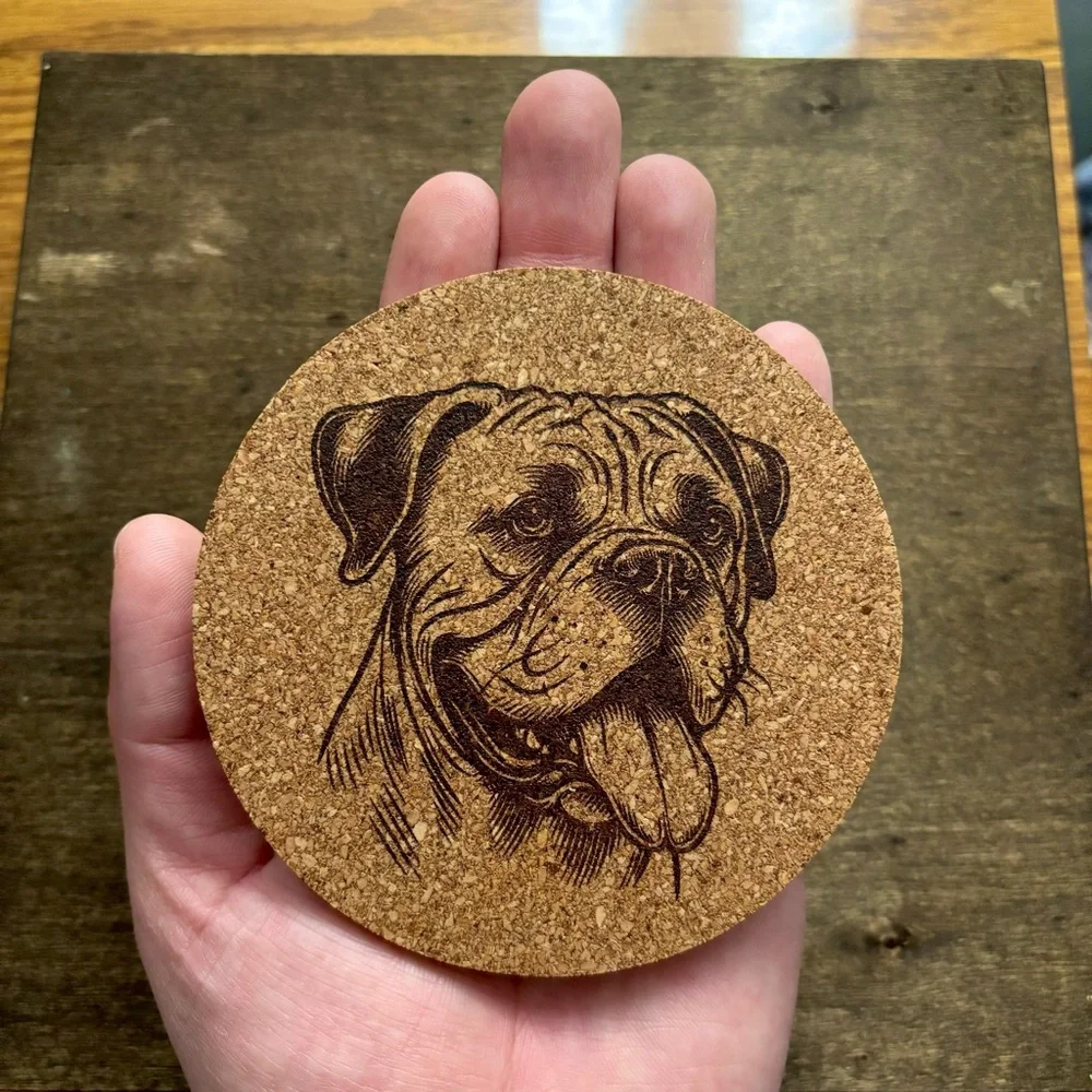 American Bulldog Face Laser Engraved Cork Coaster